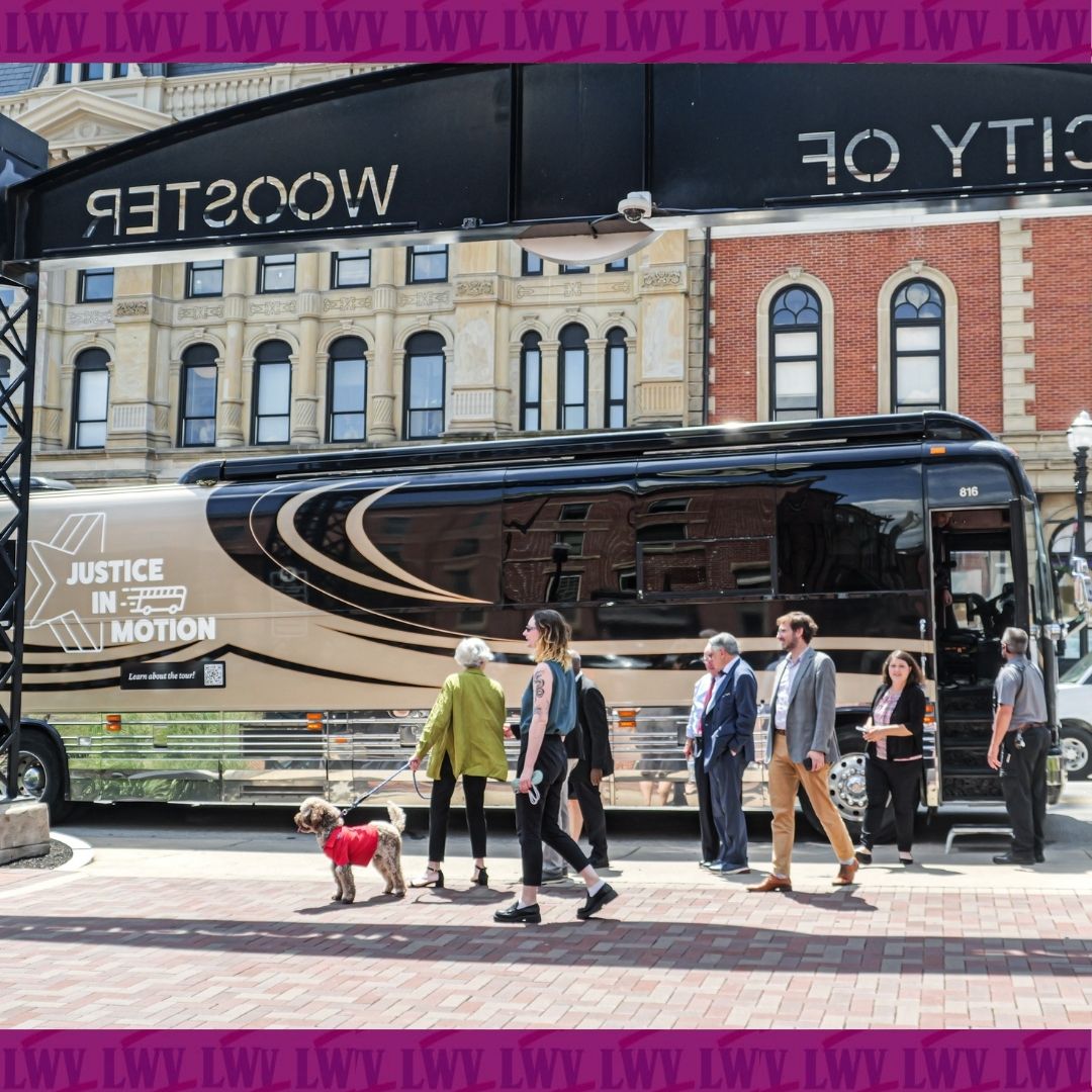 Justice in Motion bus arrives at the Wooster Courthouse on the Square
