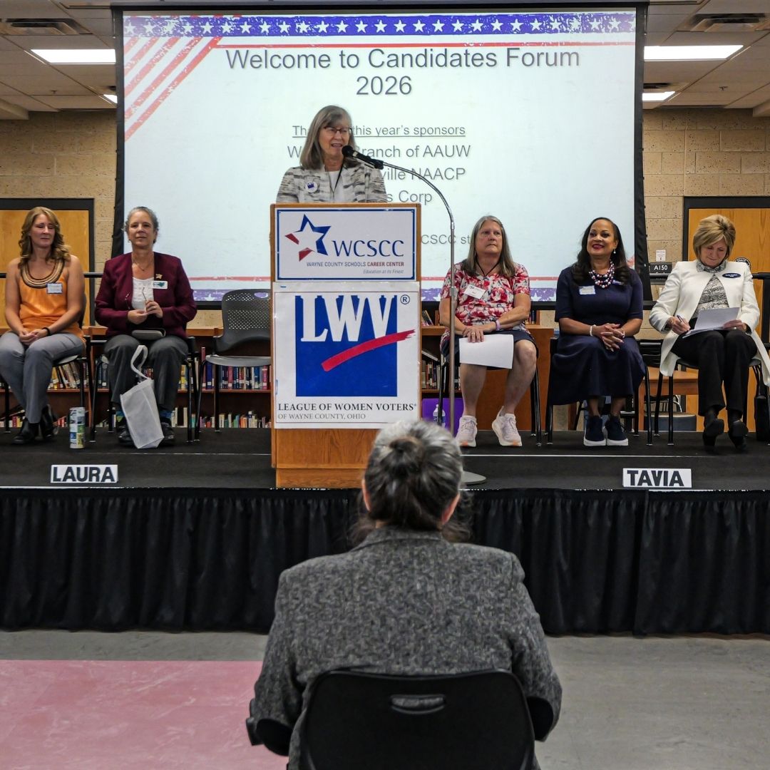 LWVWC President Kathy Helmuth greets attendees at 2026 Candidates Forum