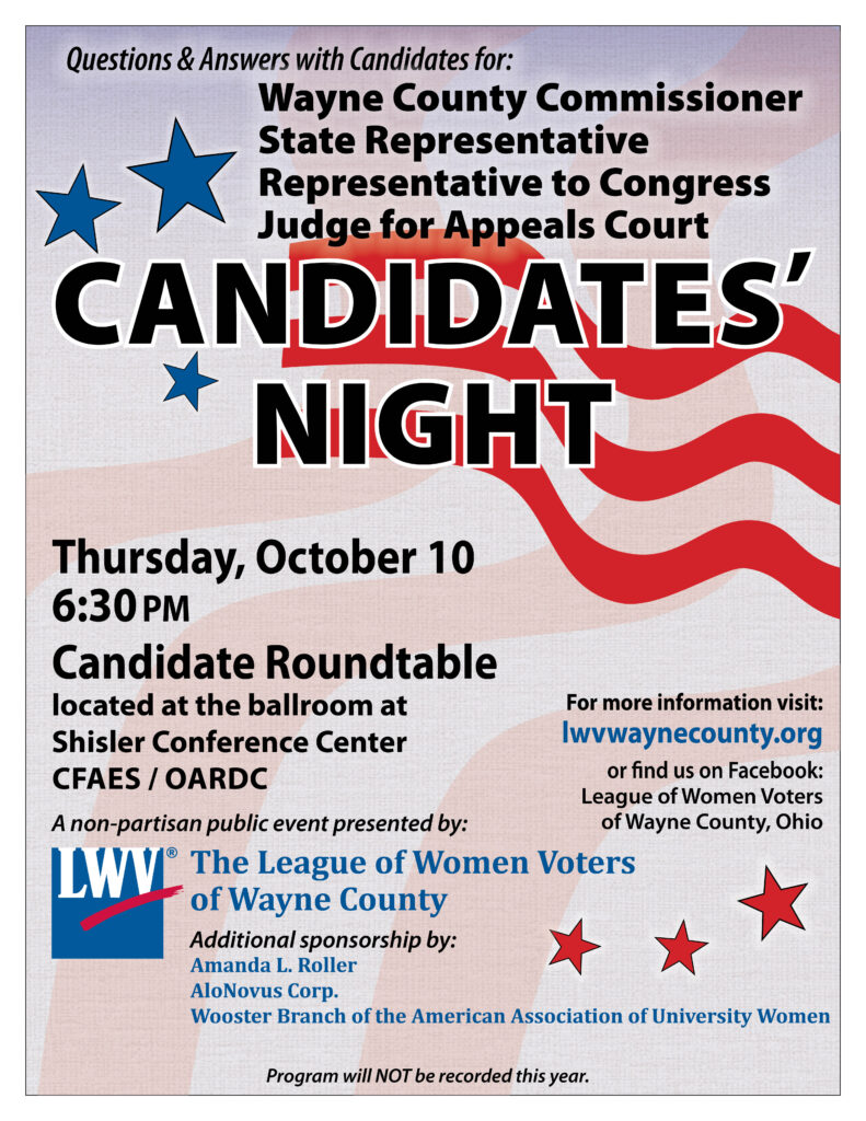 Flyer for League of Women Voters of Wayne County - Candidates' Night 2024 - Thursday, October 10, 6:30 pm - Shisler Conference Center CFAES/OARDC