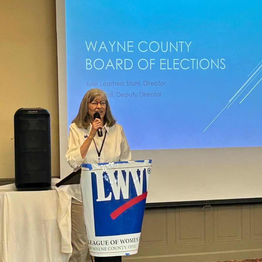 LWVWC President Kathy Helmuth opens our September 2026 program on Election Security in Ohio and our County