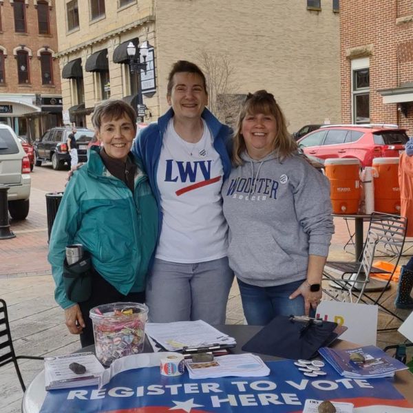 LWVWC members staff voter registration table at protest in downtown Wooster